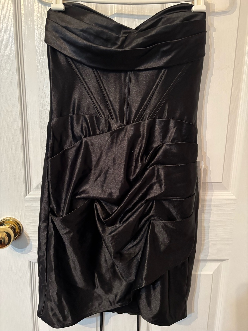 Strapless Black Satin Cocktail Dress with Draped Skirt